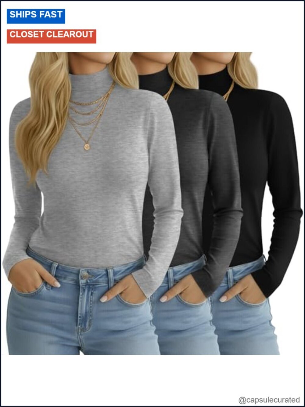 3 Pack Women's Long Sleeve Mock Neck Tops - Slim Fit Base Undershirt
